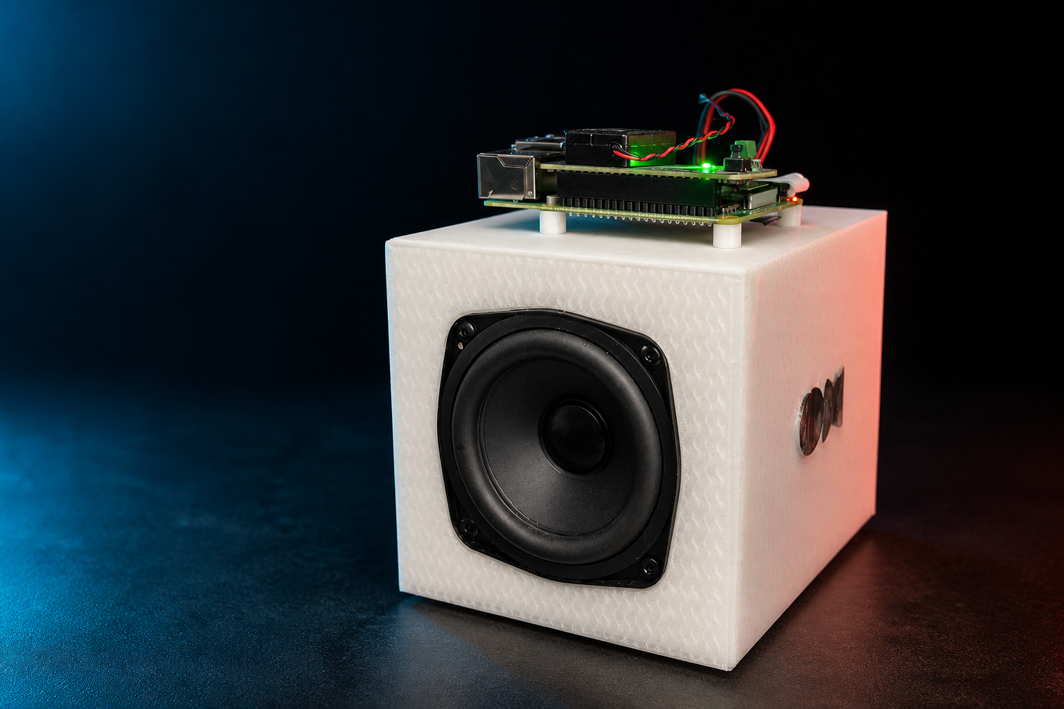 OpenHome DevKit with a white cube speaker enclosure, exposed front driver, and electronics boards mounted on top